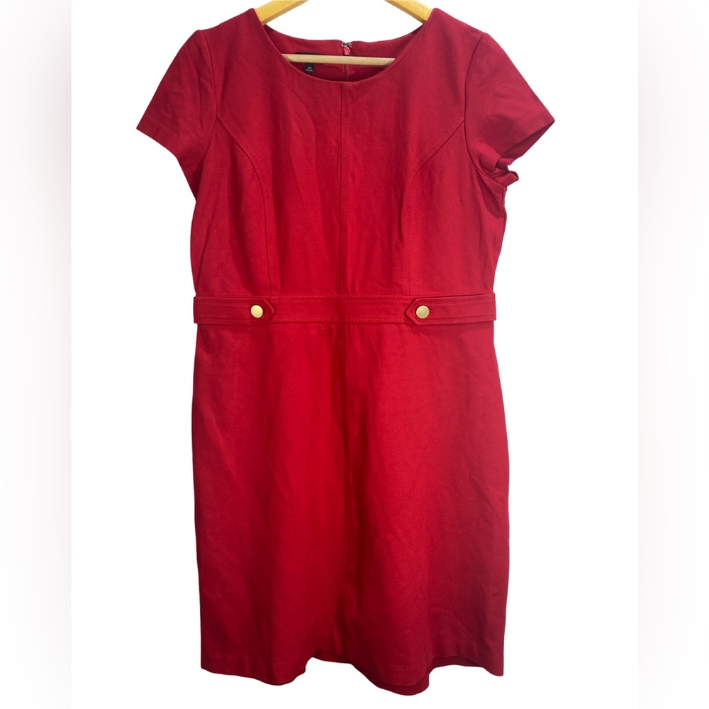 Talbots Red Midi Sheath Dress 10P Petite Gold Button Detail Short Sleeve Stretch